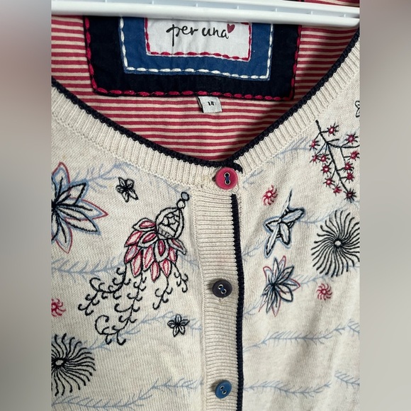 PER UNA Cardigan Women’s 14 Embroidered 3/4 Sleeve Button Front - Picture 2 of 7